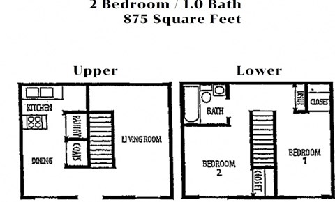 Floor plan for 2 beds, 1 bath, 875 sqft